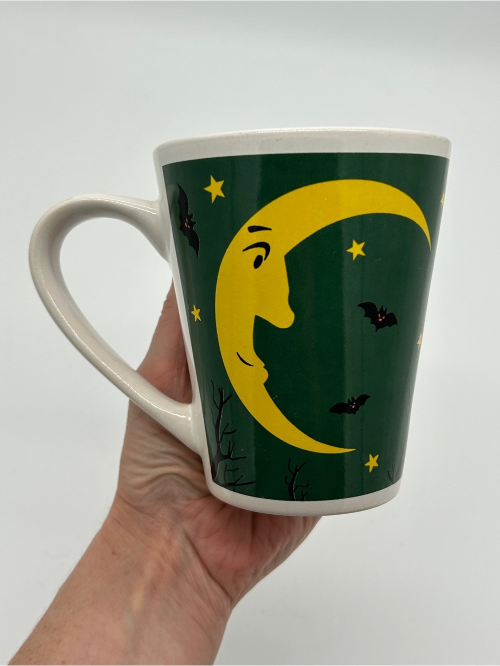 VTG Halloween Crescent Moon & Vampire Bat Latte Mug Green Spooky Celestial Cup